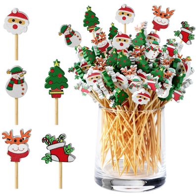 200 Stück Weihnachten Cocktailspieße 12 cm Bambus Fingerfood Spieße, 5 Designs