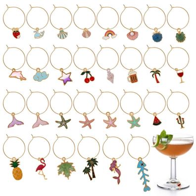 30er Set Weinglas Anhänger Ozean Thema, Glasmarkierer für Cocktails & Partys