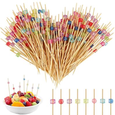 200 Stück Cocktailspieße, 12cm Holz Zahnstocher mit bunten Kristallquadraten