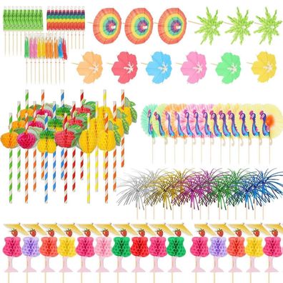120 Stück Cocktail Deko: 3D Papier Schirmchen, Strohhalme & Bambusstäbe für