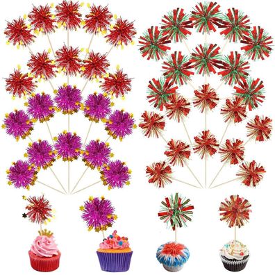 40x Feuerwerk Kuchen Deko, Bunte Glitzernde Cake Topper & Cocktailspieße für