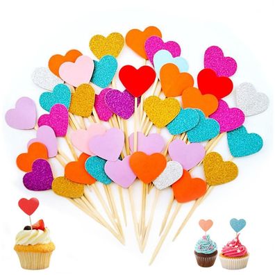100 Stück Muffin Deko Herzen Cupcake Topper, Glitter Kuchen Topper für