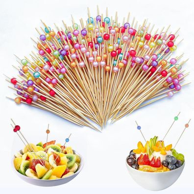 200 Stück Cocktailspieße 12cm aus Bambus mit bunter Acrylperle für Fingerfood