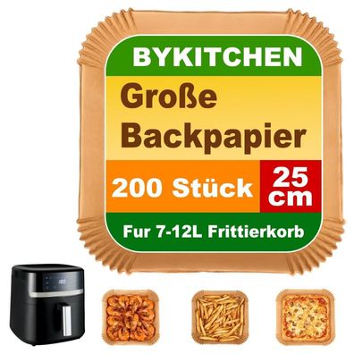 Bykitchen 200 Stück Airfryer Backpapier, 25cm Eckig, Antihaft & Hitzebeständig