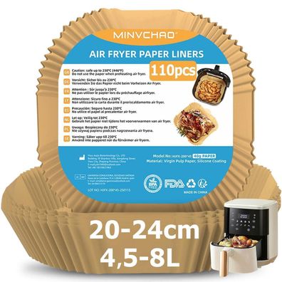 Minvchao Backpapier für Heißluftfritteuse 4,5L-8L, 110 Stück, Quadratisch