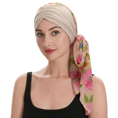 ZLYC Damen Sommer Kopftuch Pink Magnolia Beige - Bedruckter Turban für