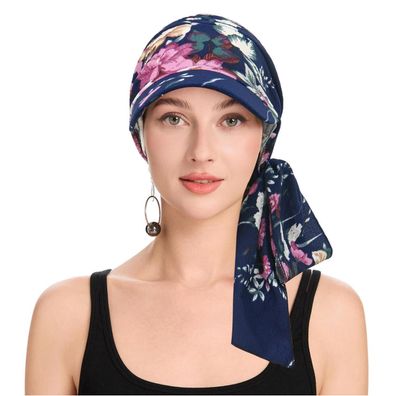 ZLYC Damen Chemo Kopfbedeckung mit Krempe und Visier, Blumenmuster, Marineblau
