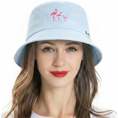ZLYC Fischerhut für Damen und Herren - Bestickter Sommerhut mit Blue Flamingo