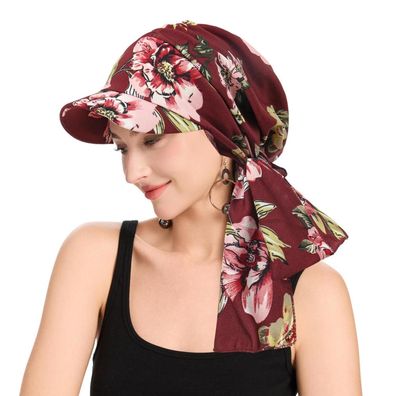 ZLYC Damen Chemo Kopfbedeckung mit Krempe und Visier, Blumenmuster, Burgunderrot