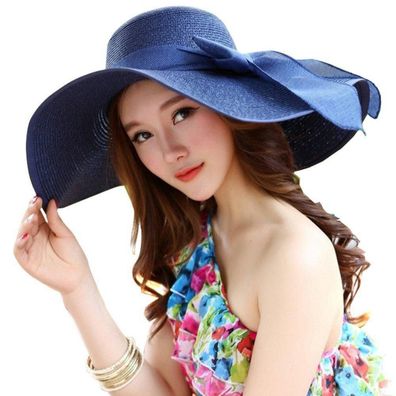 erioctry Damen Breiter Floppy Stroh Sonnenhut - Blau, ideal für Strand und