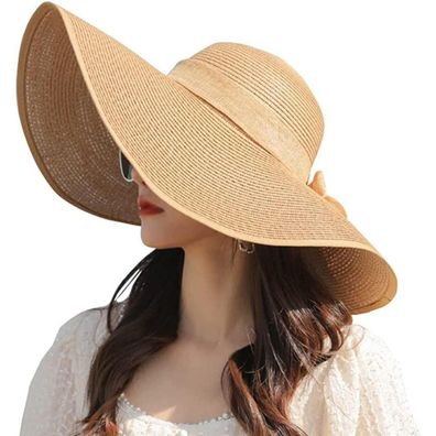 Damen Sommer Strohhut Khaki mit 50+ Sonnenschutz, breitem Rand, faltbar und