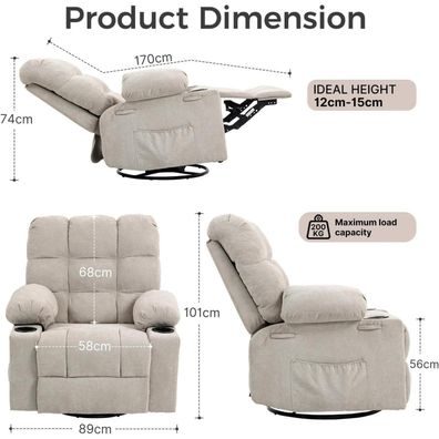 Brthory Relaxsessel mit Massagefunktion, Heizung, Liegefunktion, 360° drehbar