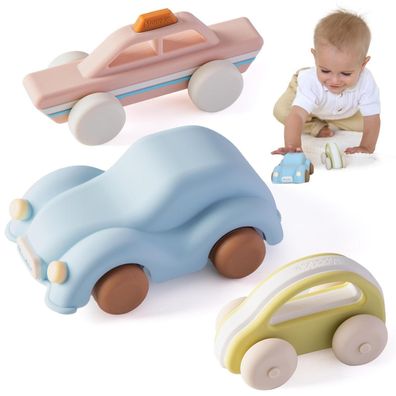 Moonkie Roll & Go Auto Spielzeug Set, 3er Pack Silikon Spielzeugautos, Beißring
