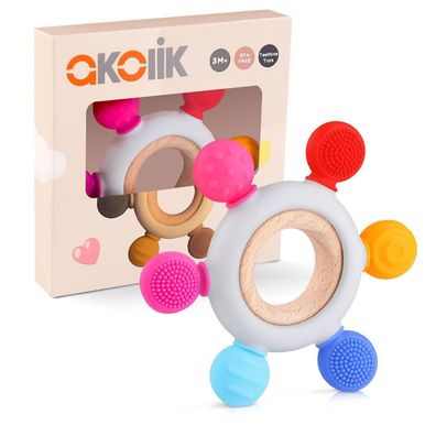 akolik Beißring Baby aus Silikon, BPA-frei, Zahnungshilfe, Greifling für Babys