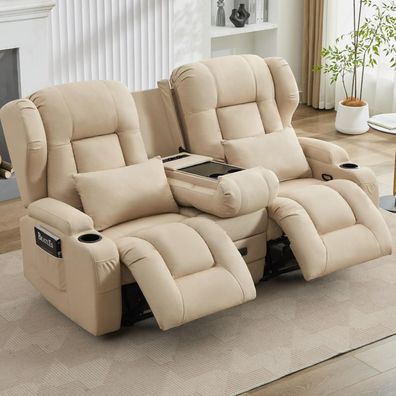 2-Sitzer Relax- & Fernsehsessel mit Liegefunktion, Kinosofa, Beige (Stoff)
