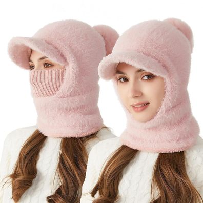 TAGVO Damen Winter Strickmütze mit Kapuze, Schal & Sturmhaube, fleecegefüttert