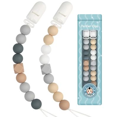 Kowlone Schnullerketten 2er-Pack für Jungen und Mädchen, Beige & Grau, Dummy