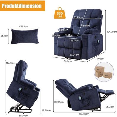 Consofa Power Lift Liege für Senioren mit Massage, Heizung, USB & Getränkehalter