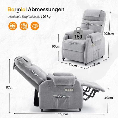 Bonnlo Elektrischer Relax- und Massagesessel mit Wärmefunktion, USB-Anschlüssen