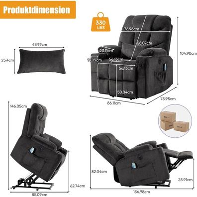 Consofa Power Lift Aufstehhilfe Sessel mit Massage, Wärme, USB & 4 Taschen, Grau