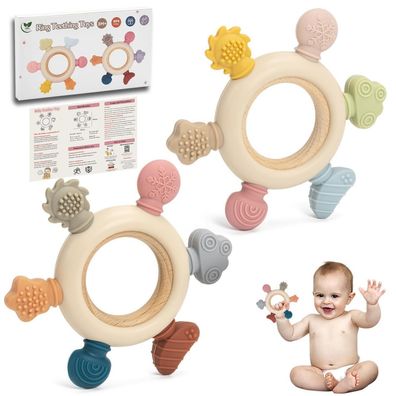 Dzpuhuojz Baby Beißring-Spielzeug Set (2 Stück), Silikon & Holz, BPA-frei