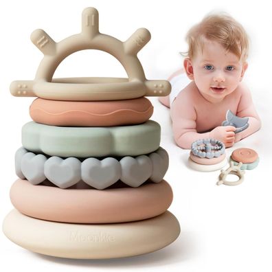 Moonkie Stapelturm Baby Silikon, 7-teiliges Set, Beißspielzeug, Pädagogisches