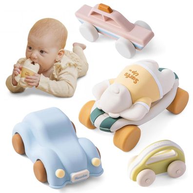 Moonkie Surf & Go Auto Spielzeug Set, 5er Pack Silikon Spielzeugautos, Beißring