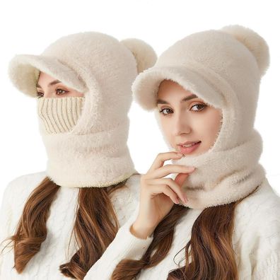 TAGVO Damen Winter Strickmütze mit Kapuze, Schal und Sturmhaube