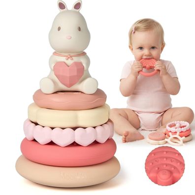 Moonkie Beißring & Hase Stapelturm Baby, 7-teiliges Silikon Spielzeug Set für