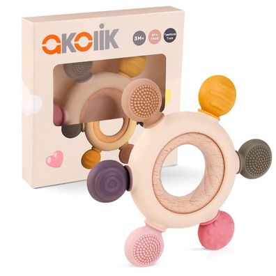 akolik Beißring Baby aus Silikon, BPA-frei, Zahnungshilfe & Greifling für Babys