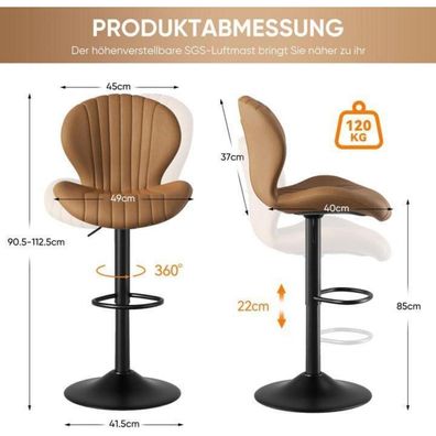 Barhocker 2er Set, höhenverstellbar mit Lehne, 360° drehbar, Stoffbezug, Braun