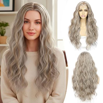 Sapphirewigs Lace Front Perücke, braun-grau, wellig, 24 Zoll, hitzebeständig