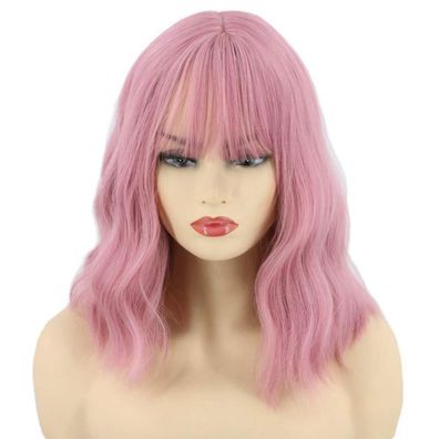 Topcosplay Rosa Bob Perücke für Frauen - Kurze lockige Kunstfaser-Perücke mit