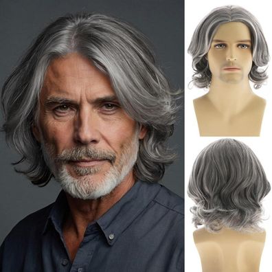 Dsimeig Herren Grau Perücke Kurze Wellige Bob Synthetische Cosplay Party Ersatz