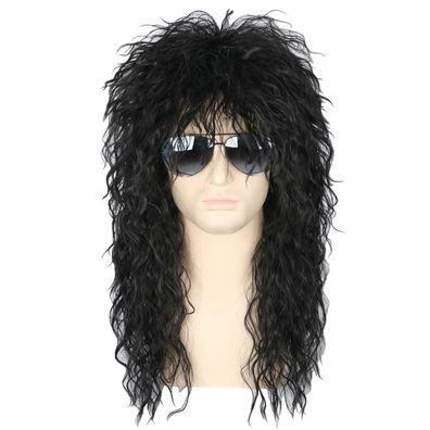 Topcosplay 80er Jahre Vokuhila Perücke für Herren - Schwarz, Lang, Lockig, Punk