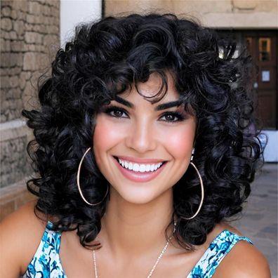 Porsmeer Afro Perücke Damen Synthetik Kinky Curly mit Pony Natürliche Haar für
