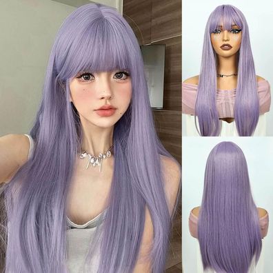 Creamily Lila Glatte Perücke Lang mit Pony - Natürliches Kunsthaar für Damen