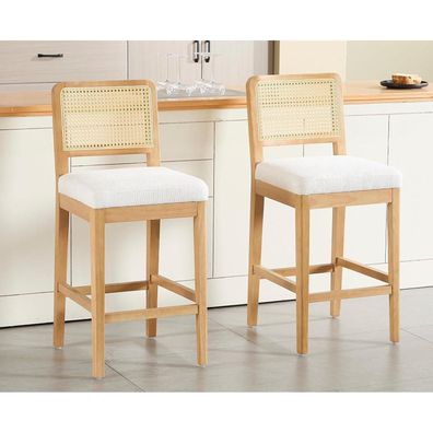 Dayalane Barhocker 4er Set mit Rattan Rückenlehne und Holzbeinen, Leinenbezug