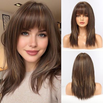 Haircube Damen Perücke Schulterlang Braun, gerade, synthetisch, mit Pony für
