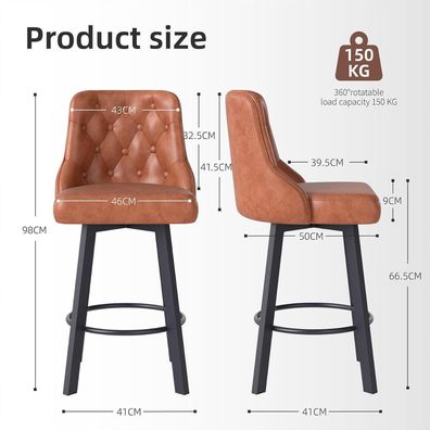 Youhauchair Barhocker 4er Set, 360° drehbar, PU-Leder, Sitzhöhe 66,5 cm, Braun