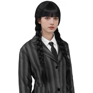 Creamily Damen Perücke lang schwarz geflochten mit Pony für Cosplay & Halloween