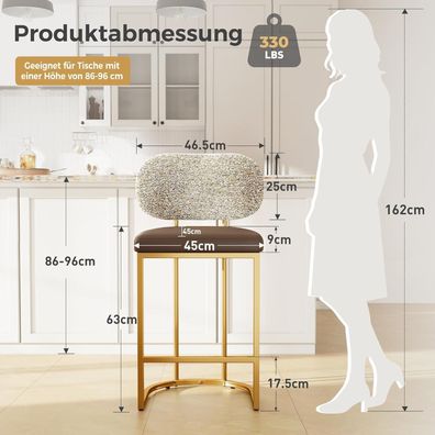 ALPHA HOME Barhocker mit Lehne und Fußstütze, Metallgestell, Kaffeefarbe, 1