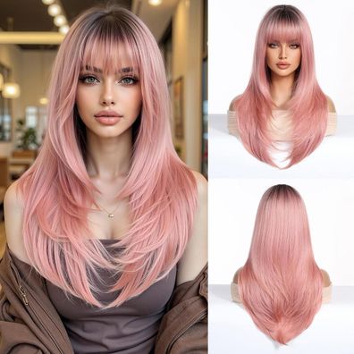 Esmee Damen Synthetikhaar-Perücke, lang glatt gestuft, Pink mit dunklem Ansatz