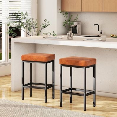 YMYNY Barhocker 2er Set, 66 cm, Karamell Braun Leder, Kissen, Metallgestell