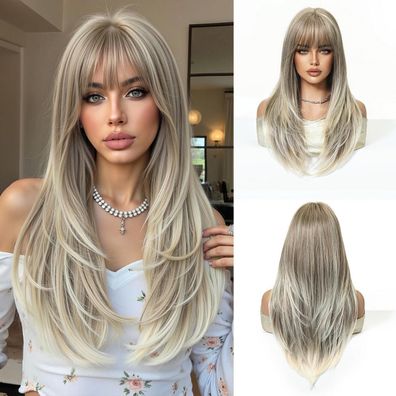 Esmee Lang Glatte Aschblonde Perücke für Frauen mit Pony - Synthetikhaar für
