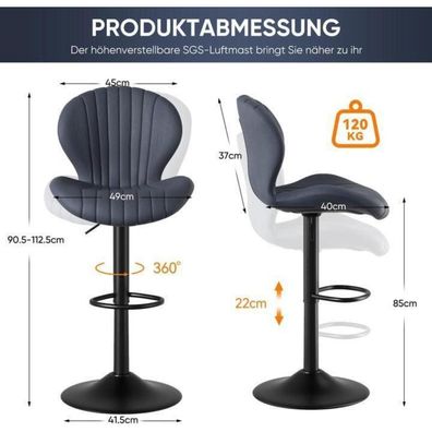 Hawthyhome Barhocker 2er Set, höhenverstellbar mit Lehne, 360° drehbar, Stoff