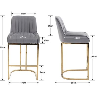 Ya-Home Barhocker 2er Set Samt mit goldenem Metallbein und Rückenlehne, Grau