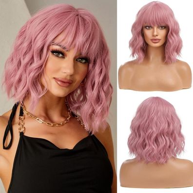 Esmee Rosa Bob Perücke mit Pony, kurze gewellte Kunstfaserperücke, 12 Zoll