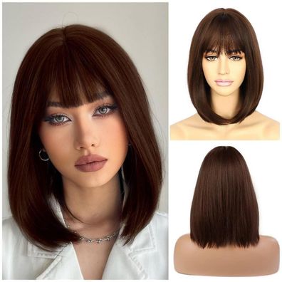 Sapphirewigs Dunkelbraune Bob-Perücke für Damen, 14 Zoll, mit Pony