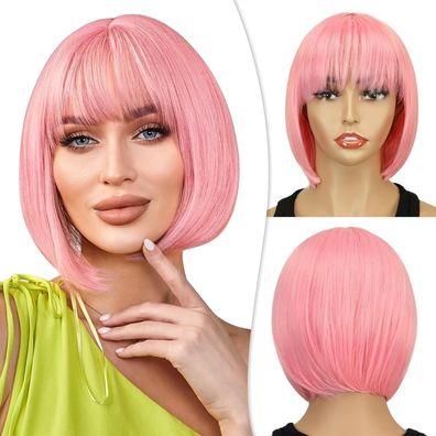 Creamily Damen Perücke Bob Kurz Glatt Rosa Kunsthaar mit Pony für Cosplay